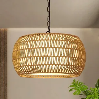 HYKISS Bohemian Geflochtene Rattan-Trommel-Hängeleuchte Natürliche Weiden Hängelampe Mit Schwarzer Kette Modern Landhausstil Käfig Deckenleuchte Für Esszimmer Kücheninsel Schlafzimmer