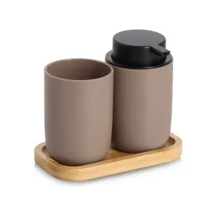 Zeller Bad-Accessoires-Set, 3-tlg., Schlichtes Set aus Seifenspender, Becher und Tablett für moderne Bäder, 1 Set, Farbe: braun