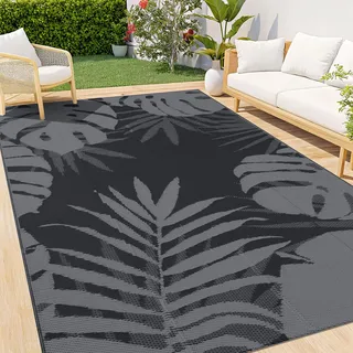 Homaxy Outdoor Teppich Wetterfest, Kunststoff Stroh Faltbar Waschbar UV-beständig Wendbar Balkon Garten Teppich für Terrasse Camping Picknick - 120 x 180 cm, Grau & Schwarz