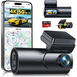 GKU 4K Dashcam Auto Vorne Hinten, 5GHz WiFi GPS, Dual Dash Cam, 1.5” IPS Mini Auto Kamera mit 64GB SD Karte, Parküberwachung, Super Nachtsicht, WDR, 170° Weitwinkel, G-Sensor, APP Steuerung, Max 256GB