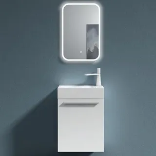 Badmöbel-Set Waschbecken matt weiß 46x26x63cm mit LED-Spiegel | Badezimmer-Set Waschplatz Waschbecken mit Unterschrank & LED-spiegel – platzsparend für Gäste-WC & kleine Bäder Pisa - Weiß