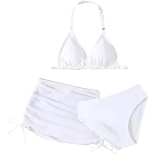 Badeanzug für Teenager-Mädchen 3-teilig Bikini-Set Bikinioberteil mit Blumenmuster Rock Mädchen Bademode Sets Neckholder Triangel Top+Rocke+Badeshorts Kinder