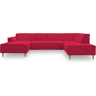 DOMO. collection Wohnlandschaft Jules FK, skandinavisches Sofa mit Federkern, Couch in U-Form mit Holzfüßen, 333 x 191 x 81 cm (BxTxH), Longchair links, rot
