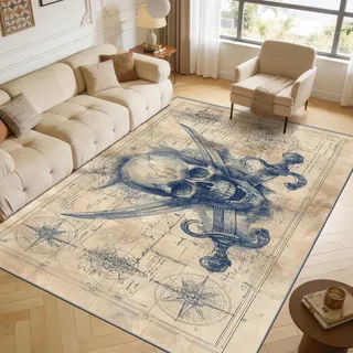 TerroVee Totenkopf Waschbarer Teppich, Vintage Nautisch Kompass Teppich 100x200 cm, Gothic Schädel Piraten Kurzflor rutschfest Teppiche Für Schlafzimmer Wohnzimmer, Beige Blau
