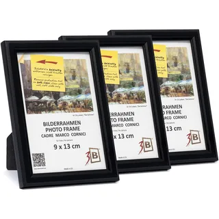 3-B Bilderrahmen GERA - 3-Pack - Schwarz - 9x13 cm - Holzrahmen, Fotorahmen, Portraitrahmen mit Acrylglas