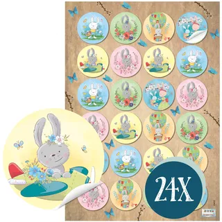 Osteraufkleber Osterhasen, 24 Stück: Aufkleber Ostern, Ostersticker Hase, Sticker mit Häschen, Deko Osterhase, Geschenkaufkleber Kinder, Osterhasensticker, Etiketten Rund, Selbstklebend, Bunt, ⌀ 4 cm