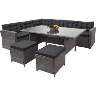 Poly-Rattan-Garnitur HWC-A29, Gartengarnitur Sitzgruppe Lounge-Esstisch-Set Sofa grau, Kissen grau + 2x Hocker - Grau