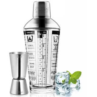 FLOW Barware Cocktailshaker aus Glas mit Beilagenrezepten | Glas-Cocktail-Maschinen-Set mit Messbecher, Sieb und Rezepten