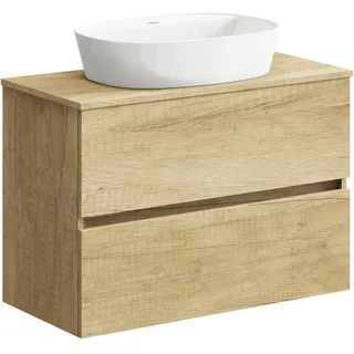 Baikal Onyx Badezimmerschrank, 2 Schubladen, Wandmontage, mit Keramikwaschbecken, montiertes Möbelstück, Melamin 16, Möbel F39 + Top + Waschbecken 90 cm Nature