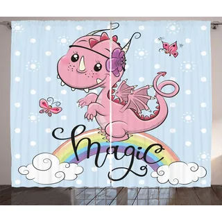 ABAKUHAUS Drachen Rustikaler Gardine, Magic Dragon auf einem Regenbogen, Schlafzimmer Kräuselband Vorhang mit Schlaufen und Haken, 280 x 175 cm, Baby Blue und Mehrfarbig