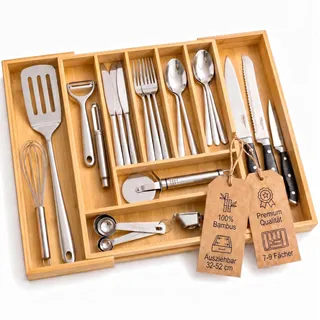 Kibun Bambus Besteckeinsatz ausziehbar 32-52 cm Schubladen Besteckkasten | 7-9 Fächern aus Holz Schubladen Organizer Küche Besteckhalter Schubladeneinsatz Küche Besteck Organizer