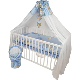 HAPPY 12 Teiliges Babybett Kinderbett und Bettwäsche komplett Set höhenverstellbar aus Massivholz für Neugeborene Babys und Kleinkinder (Blau-Teddybär auf Leiter) - Blau