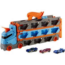 Bild von 2-in-1 Rennbahn-Transporter mit Doppelstarter, Auslösefunktion und Weiche, Platz für 20 Autos, Spielzeug ab 4 Jahre, GVG37