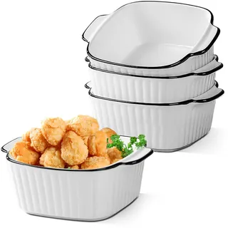 400ML Keramik Auflaufform 4er Set, 14,5 x 11,5 x 5,5 cm Quadratische Backformen, Kleine Auflaufform für Fritteuse, Keramik Backformen mit Griffen für Heißluftfritteuse, Backofen, Mikrowellen
