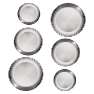 6 Stück Edelstahl Runde Unterteller, Edelstahlteller, Camping Teller, 3 Größen, Rostfreies Stahl Geschirr Set für Party, Camping, Küche, 14/17/20cm - Silber