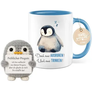 Farbeele Geschenk für Frauen, Männer & Kinder, 325ml Tasse mit Strick-Deko Fröhlicher Pinguin Glücksbringer, Geburtstag, Weihnachten, Gute Besserung, Prüfungsgeschenk, Abschiedsgeschenk