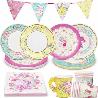 Talking Tables Floral Geschirr-Set & Vintage Nachmittagsteeparty Dekorationen für 12 Gäste, Pappteller und Servietten, Teetassen, Wimpelkette Flaggen, Tischdecke für Geburtstag, Muttertag, Bridgerton