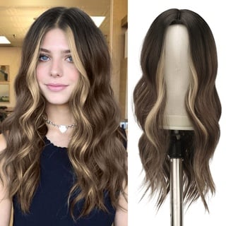 FESHFEN Lange Lockige Perücke, 55 cm Braun-Mischblond Perücke Mittelscheitel Frauen Perücken Natürlich Synthetik Perücken Damen Locken Wavy Wig Party für Party Täglich