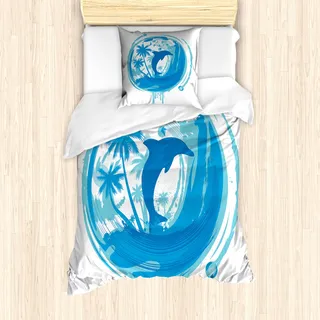 ABAKUHAUS Delfin Mantele, Maritime Stil Exotische, Milbensicher Allergiker geeignet mit Kissenbezügen, 135 cm x 200 cm - 80 x 80 cm, blau Türkis