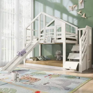 MODFU Etagenbett Kinderbett 90 x 200 cm mit Schublade, Hochbett mit Rausfallschutz, Baumhaus Hausbett für Kinder mit 2x Lattenrost, Weiß(Ohne Matratze) - Weiß