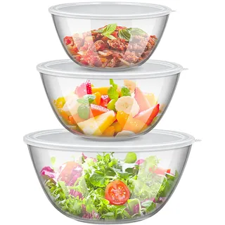 HFZCV 3er Set Glas Rührschüssel mit Deckel, Große Rund Salatschüsseln(4,5 L, 2,7 L, 1,1 L) aus Borosilikatglas, Stapelbare Schüsseln mit Deckel für Kochen, Backen, Vorbereiten, Mikrowellengeeignet