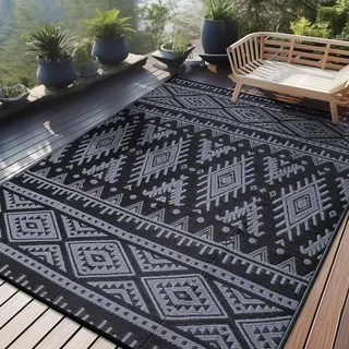 Homaxy Outdoor Teppich Wetterfest, Kunststoff Stroh Faltbar Waschbar UV-beständig Wendbar Balkon Garten Teppich für Terrasse Camping Picknick (240 x 300 cm, Schwarz & Grau)
