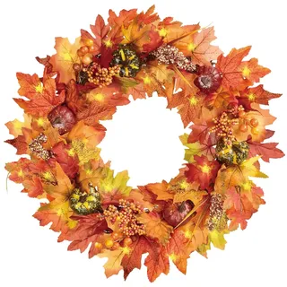Künstliche Kürbisse Kranz 40cm Künstlicher Herbst Kranz Ahornblatt Herbstkranz mit LED-Licht Haustür Dekoration mit Ahornblätter Kürbis Bunte Beeren für Halloween Thanksgiving Weihnachten Wandschmuck