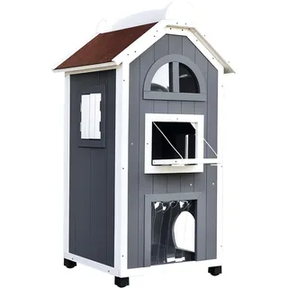 PawHut Katzenhaus für Draußen 2-stöckiges Katzenhaus Grau 59 x 55 x 109 cm