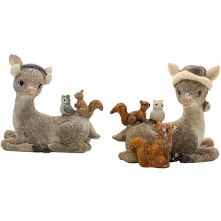 2er Set Hirschdeko, Deko-Rentiere, Deko-Rehe mit Mütze und Ohrenschützer, Rehfiguren, Rentierfiguren, Rehe mit Fuchs, Eule und Eichhörnchen aus Keramik in Grau geglittert; L/B/H 10 x 5 x 9 cm.