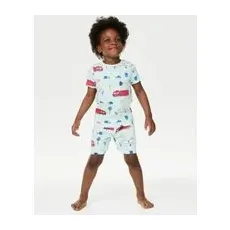 Boys M&S Collection Pure Cotton Transport Glow In The Dark Pyjamas (1-8 Yrs) - Light Blue, Light Blue - 2-3 Y