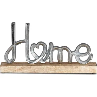Aufsteller Mango Schriftzug Home H17cm Metall Holz Deko Mangoholz Tischdeko - Silber