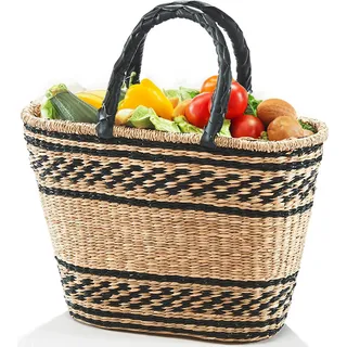 Kobolo Korbtasche Einkaufstasche Flechttasche aus Seegras mit zweifarbigem Muster Griffe aus Kunstleder - Naturbelassen