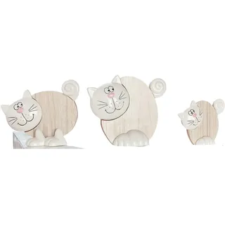 DRW Set mit 3 Katzen aus Holz und Keramik, weiß und natürlich, 8 x 2,5 x 10 – 16 x 5 x 12 – 23 x 5 x 19 cm
