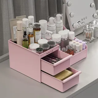 Kosmetik Organizer mit Schubladen, Aufbewahrung, Kosmetikbox, Schminktisch, Rosa - Rosa