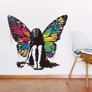 PLIGREAT Banksy Wings Girl Wandtattoo Entfernbare Vinyl Wandaufkleber Banksy Graffiti Kunst Wandaufkleber Für Schlafzimmer Wohnzimmer Kinderzimmer Büro Zuhause DIY Dekoration 90 x 30cm