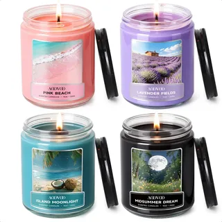 AOOVOO Duftkerze herbst Set für Frauen autumn lavendel kerzen im glas decor | 4 Stück Sojawachskerzen für zu Hause,1020 g, 200 Stunden Pink Beach/Island Moonlight/Midsummer Dream/Lavender Fields