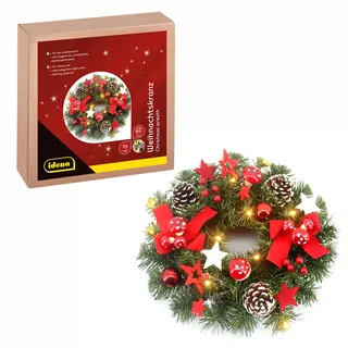 IDENA 30546 - LED Weihnachtskranz mit Lichterkette und 10 LEDs in Warmweiß, ca. 30 cm groß, 6 Stunden Timer-Funktion, batteriebetrieben, als Türkranz & Weihnachtsdeko