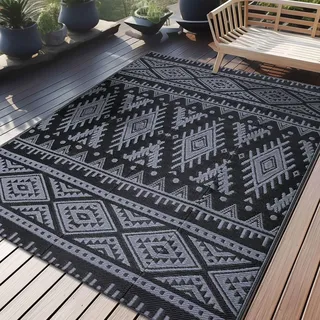 Homaxy Outdoor Teppich Wetterfest, Kunststoff Stroh Faltbar Waschbar UV-beständig Wendbar Balkon Garten Teppich für Terrasse Camping Picknick (150 x 240 cm, Schwarz & Grau)