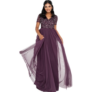 Maya Deluxe Damen Ballkleid Abendkleid V-ausschnitt Maxi Länge Pailletten Kurze Ärmel Für Hochzeit Geburtstag Brautjungfer Bridesmaid Dress, Berry, 56 EU