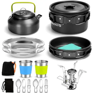 Camping Kochgeschirr Set mit Antihaft-Topf, Pfanne und Wasserkocher, Edelstahl Utensilien, Geschirrset für Outdoor Kochen