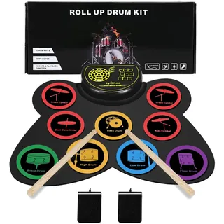 Lychee Elektronisches Schlagzeug-Set, faltbar, 9 Pads, rollbar, Stereo, integrierte Lautsprecher, tolles Urlaub, Weihnachten, Geburtstagsgeschenk für Kinder &amp; Erwachsene &amp; Anfänger