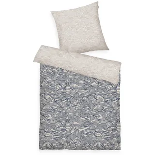 Tom Tailor Soft-Renforcé-Bettwäsche, 80x80 cm + 155x220 cm, 100% Baumwolle/Renforcé, mit Reißverschluss, Waves Beige, Dunkelblau, Weiß (Dark Navy & Sunny Sand & Off White)