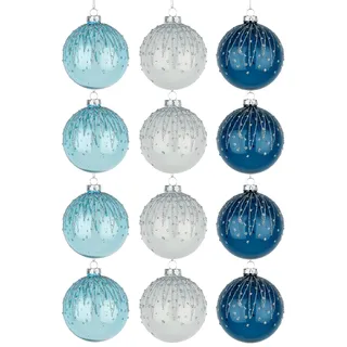 12 Stück/80 mm Glaskugeln, Weihnachtsbaumkugeln, hängende Ornamente, Verschiedene Designs, Weihnachtsbaumschmuck, Blau, Weiß