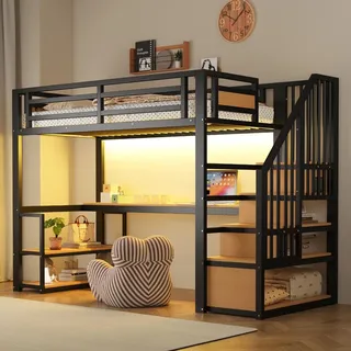 Okwish Hochbett 90 x 200 cm Metall mit LED-Leiste und Steckdose schwarz