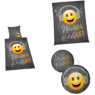 Herding EMOT!X-Set mit Kuscheldecke (150 x 200 cm) und Dekokissen (Ø 40 cm) aus Polyester sowie Bettwäsche-Set aus Baumwolle/Renforcé (Deckenbezug 155 x 220 cm, Kissenbezug 80 x 80 cm), Mehrfarbig