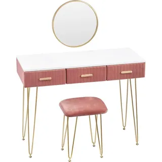 Kopftisch De– Schminktisch mit Spiegel und Hocker – Make-up Tisch für Mädchen, Kinder und Erwachsene - Weiß, Gold, Rosa