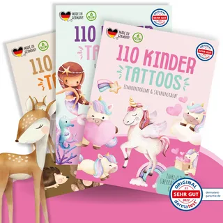 MeinBaby123® 330 hautfreundliche Kinder Tattoos für Jungs | 3er Set | Hauttattoos für Mädchen Einhörner, Feen, Meerjungfrauen & Tiermotive - vegan & in Deutschland hergestellt (3er Set Mädchen)