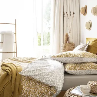 Bettbezug aus Perkal-Baumwolle, Bedruckt, 140 x 220 cm, ockerfarben/Leinen