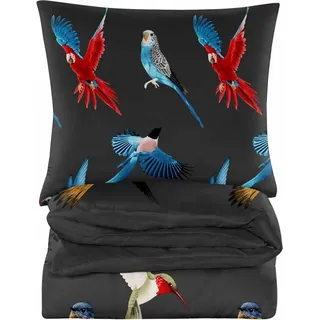 Bettwäsche - 155x200 cm - Bettbezug und Kissenbezügen Set - Schwarz - Vögel - Mikrofaser Baumwolle - 2 Kissenbezüge 70x80 cm - Schwarz, Rot, Braun