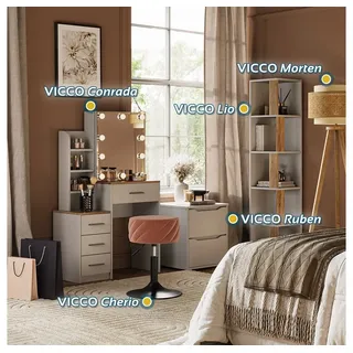 Vicco Schminktisch Vicco Conrada Weiß/Sonoma 80 cm mit LED Beleuchtung, Model 39978 - Weiß, Braun